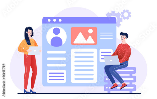 Website layout development concept. Man and woman with laptop and tablet create framework for future digital product. Employees program template or adaptive web page. Cartoon flat vector illustration