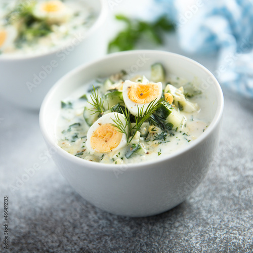 Cold yogurt soup with cucumber and quail eggs