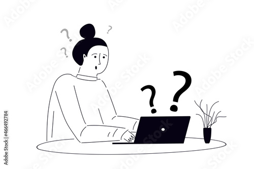 Female worker thoughtful and thinks in front of laptop screen. Businesswoman decides question. Сoncept of thinking about decisions and ideas in business