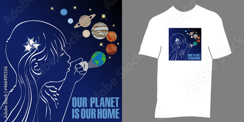 Affiche avec une enfant soufflant dans un ustensile à bulle de savon, la planète terre et les autres planètes du système solaire ainsi que son application commerciale sur un T-shirt.