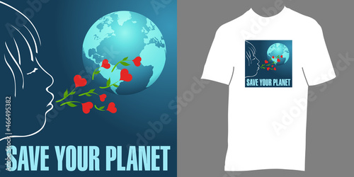 Affiche avec un enfant soufflant des fleurs en forme de cœur vers la planète terre et de son application commerciale sur un T-shirt.