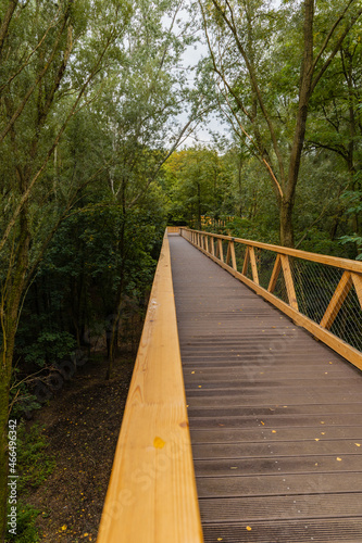 Footbridge among trees over small Szklarka river photo