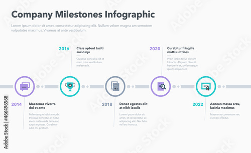 Modern infographic with five steps for company milestones. Easy to use for your website or presentation.