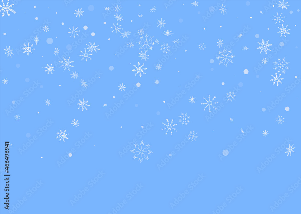 White delicate openwork snowflakes are scattered on a blue background. Festive background, postcard design, wallpaper