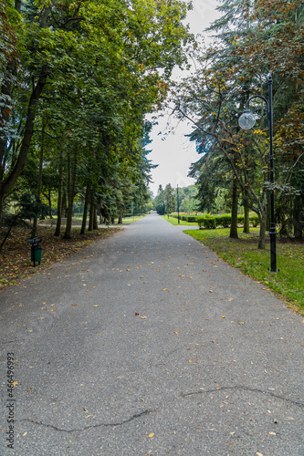 Long concrete path in Citadel park with trees and lamps around