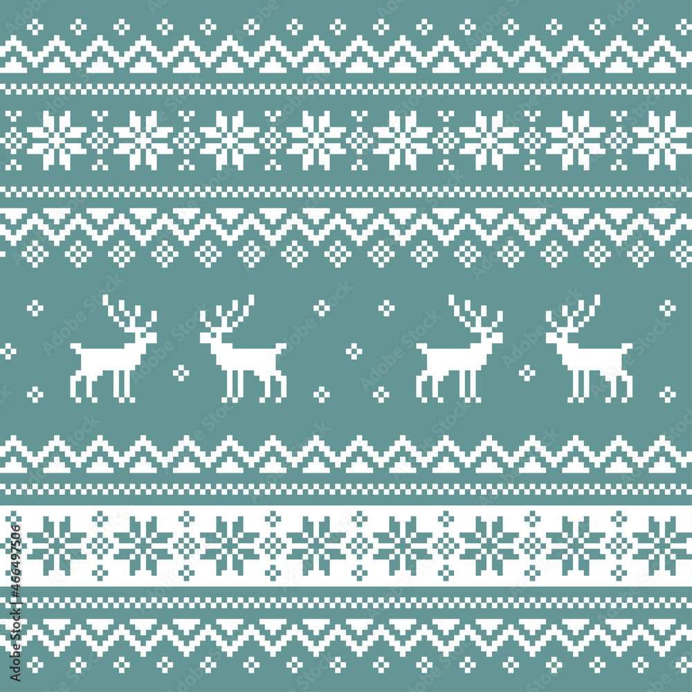 Seamless knitting monochrome pattern with Christmas deers and snowflakes