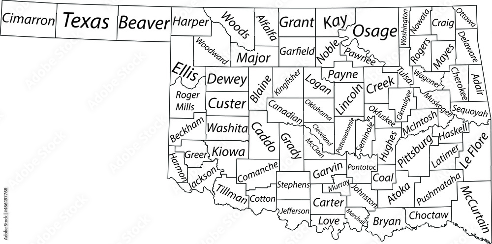 White vector administrative map of the Federal State of Oklahoma, USA with black borders and name tags of its counties