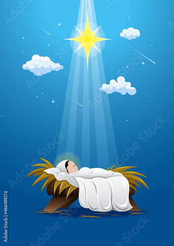 Manger cute baby jesus in crib and star
