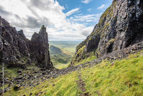 The Quiraing is a landslip on the eastern face of Meall na Suiramach, the northernmost summit of the Trotternish on the Isle of Skye, Scotland. UK. 