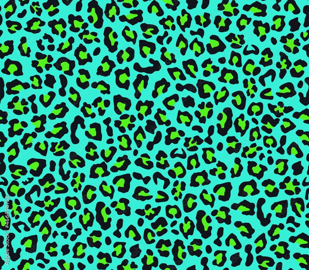 
Leopard vector print, blue background, black green spots, fashionable clothing pattern.