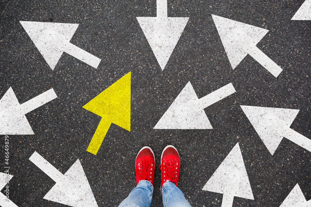 Person standing on the road to future life with many direction sign point in different ways and only yellow one. Decision making is very hard, but you have a choice and right way - obrazy, fototapety, plakaty 