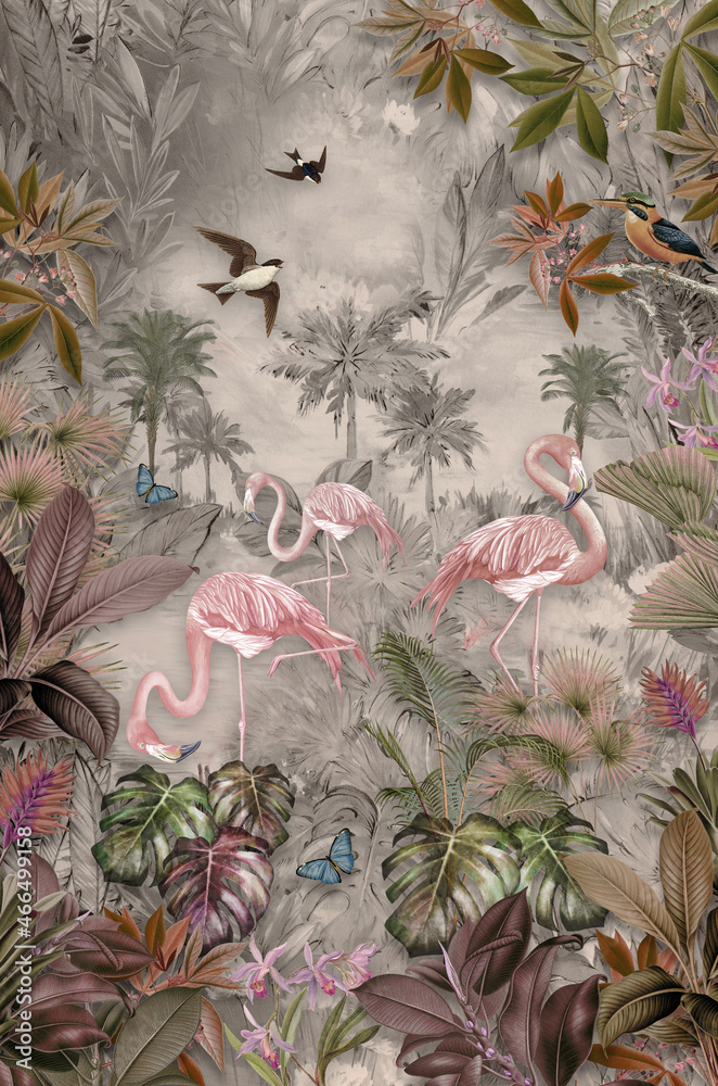 wallpaper jungle and tropical forest banana palm and tropical birds, old drawing vintage - obrazy, fototapety, plakaty 