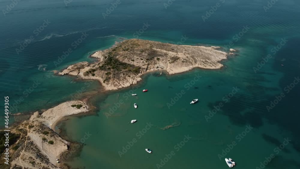 Aerial View of Boats Anchored by Picturesque Coastline of Rab Island, Croatia on Sunny Summer Day, Drone Shot Aerial View of Boats Anchored by Picturesque Coastline of Rab Island, Croatia on Sunny Summer Day, Drone Shot