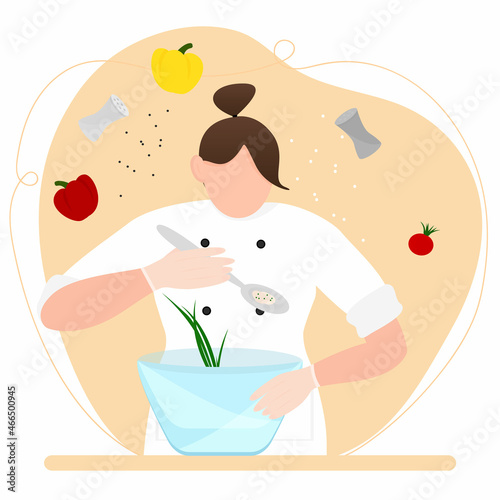 Illustration of the concept of cooking and tasting. A female chef cooks in the kitchen and adds ingredients to taste - salt, pepper, tomato. Vector illustration in a flat style, isolated on a white 