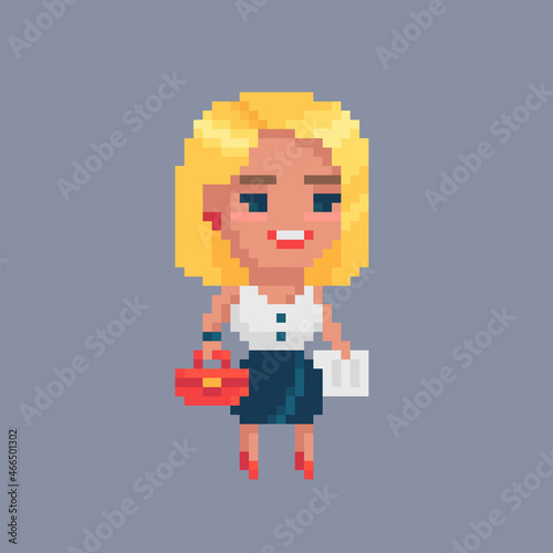 Pixel art girl character. Blonde girl in casual clothes.