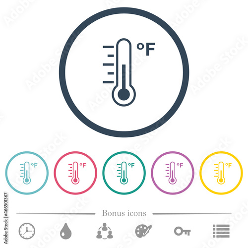 Fahrenheit thermometer medium temperature flat color icons in round outlines