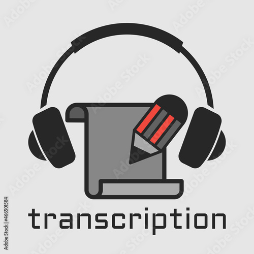 Headphone, pencil and paper. Transcription work concept. Flat style illustration. Isolated on white background. 