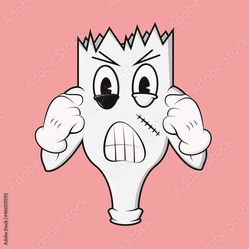 A broken cartoon bottle stands in a rack with clenched fists. There is a bruise under the eye, a scar on the cheek. The teeth are clenched. 