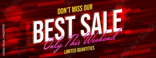 Best sale offer on weekend promotion website header design. Trendy dynamic motion background template with promotional headline advertising limited quantities of cheap product. Vector illustration