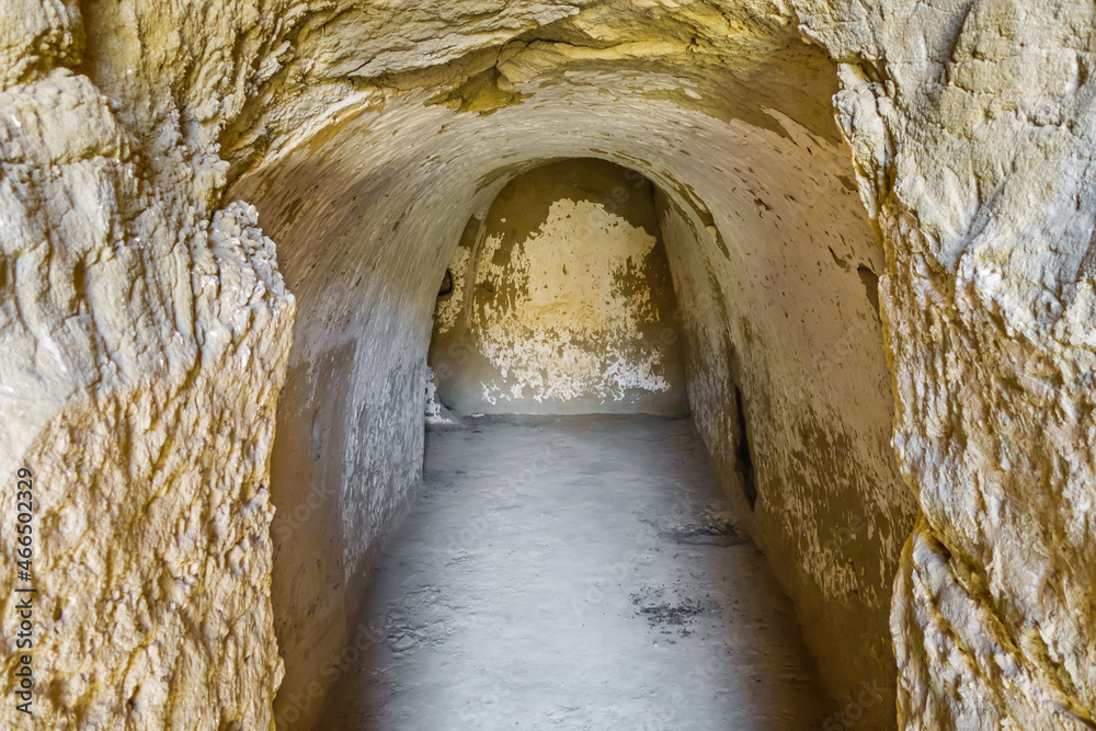 Tunnel into underground cell of Buddhist monks. Archaeological excavations in Kara Tepe, Termez, Uzbekistan. Settlement existed in the I-IV centuries