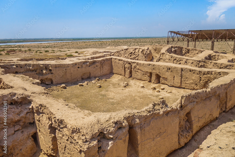 Panorama of settlement of Buddhist monks on Kara Tepe hill, Termez, Uzbekistan. Village existed in 1st-4th centuries. In foreground is large hall with columns, possibly for community meetings