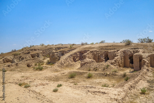 Panorama of the archaeological excavation site of the underground settlement of Buddhist monks on the Kara-Tepe hill, Termez, Uzbekistan. The settlement existed from the 1st to the 5th century AD photo