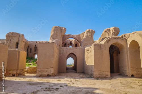 Panorama of Kyr Kyz (Fortress of 40 girls), medieval palace or caravanserai in Termez, Uzbekistan. Built in the 9th century. The building was two-storey, with numerous arched passages