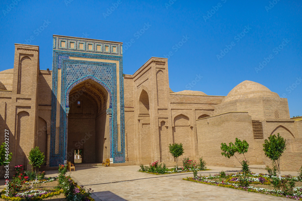 Sultan Saodat, a historical architectural complex from the medieval mausoleums of the 10-17 centuries. Iwan with patterns is the main entrance. Shot in Termez, Uzbekistan