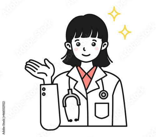案内や説明をする白衣を着た女性の医師のイラスト素材