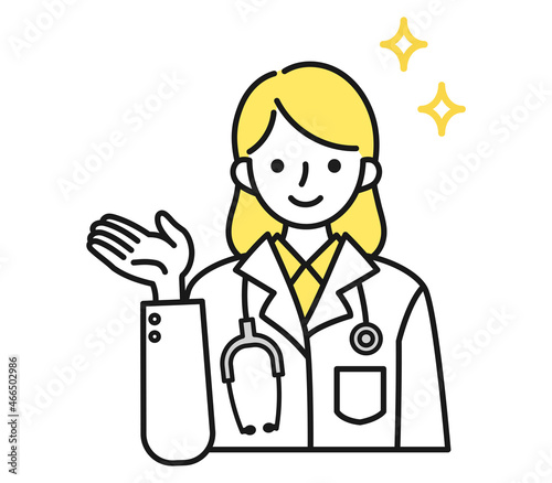 案内や説明をする白衣を着た女性の医師のイラスト素材
