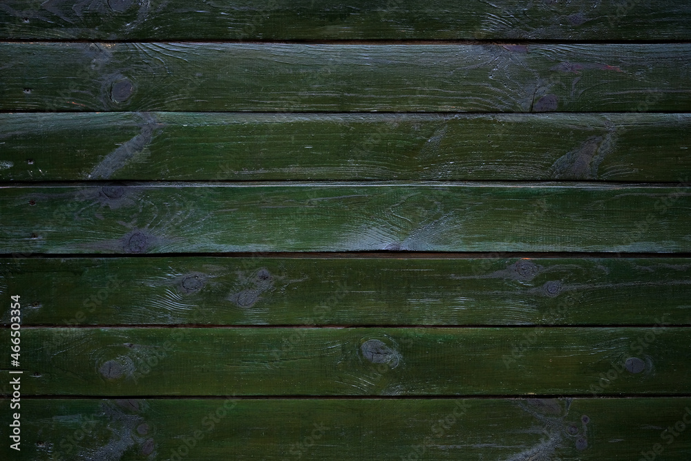 Obraz premium Dark green boards horizontal. Painted wooden planks background. Green wooden background. Natural backdrop. Painted in green boards with knots close-up.