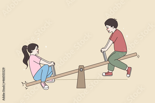 Smiling little kids have fun ride board swing outdoor together. Happy small children relax rets on playground. Childhood, entertainment concept. Cartoon character, flat vector illustration. 