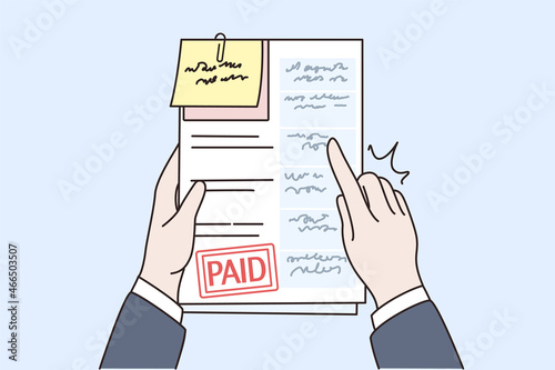 Person hands with stack of documents and bills with paid notice. Man hold invoices or sheets about debt or expense payment. Finances, banking concept. Flat vector illustration, cartoon character. 