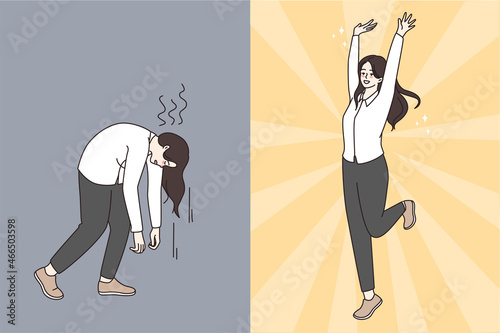 Businesswoman express different emotions, feel happy and motivated versus unhappy and stressed. Employee mood swings. Bipolar disorder, job burnout. Vector illustration, cartoon character. 