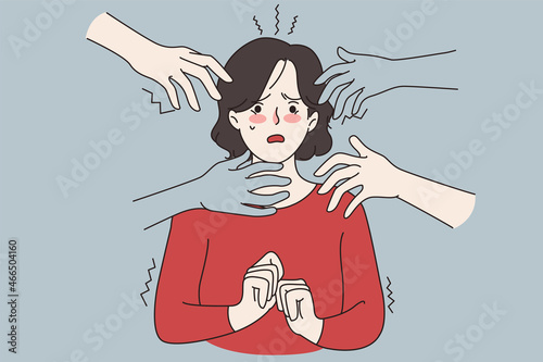 Hands stretched to anxious unhappy scared woman suffer from panic attack. Frightened terrified worried female struggle with psychology mental disorder. Anxiety concept. Flat vector illustration. 