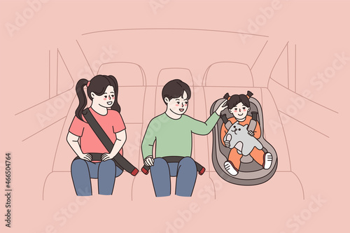 Smiling three kids of different age in car backseat use safety belts and child seat for protection. Children safe in automobile. Life saving habit and rules. Vector illustration, cartoon characters. 