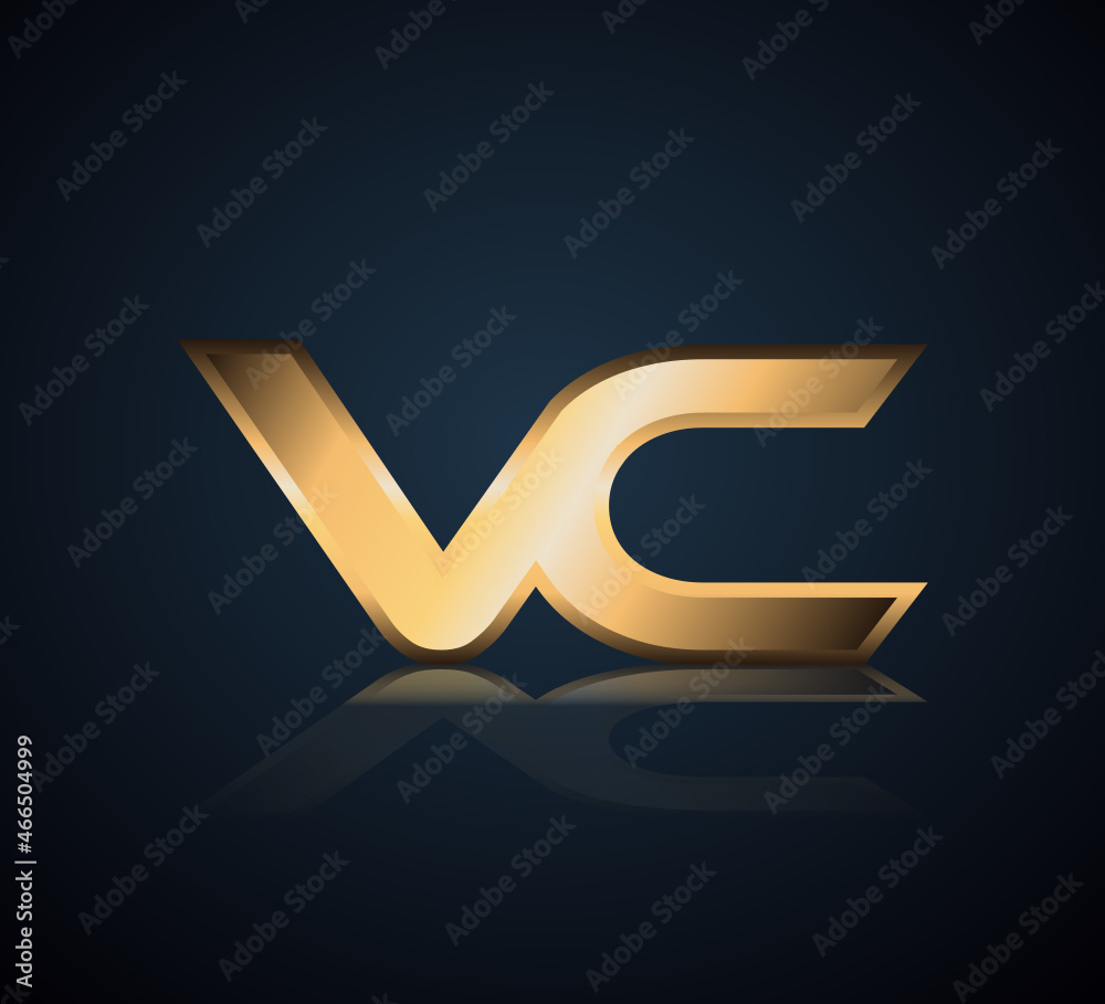 Modern Initial logo 2 letters Gold simple in Dark Background with Shadow Reflection VC