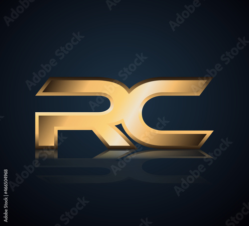 Modern Initial logo 2 letters Gold simple in Dark Background with Shadow Reflection RC