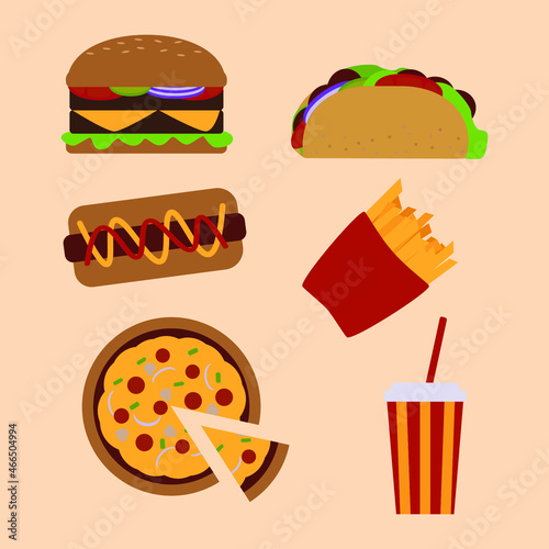 Hamburger Hotdog Pizza Sandwich Fries Fast Food Vector Design Illustration Set