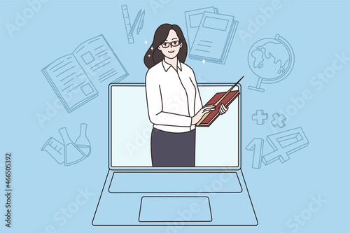 Smiling woman teacher on laptop screen teach student online on home lockdown or quarantine. Happy female tutor or coach have internet webcam class with pupil. Vector illustration. Education. 
