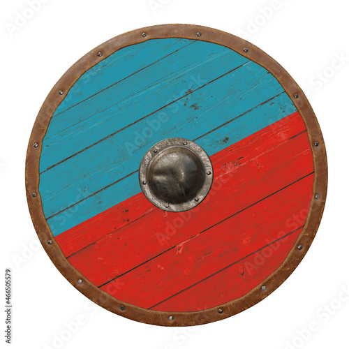 red and blue wooden round medieval viking shield isolated on white background 3d rendering 