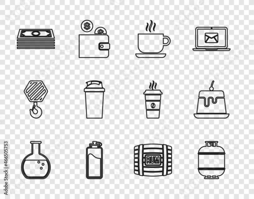 Set line Test tube and flask, Propane gas tank, Coffee cup, Sport bottle with water, Stacks paper money cash, Fitness shaker, Wooden barrel rum and Pudding custard icon. Vector