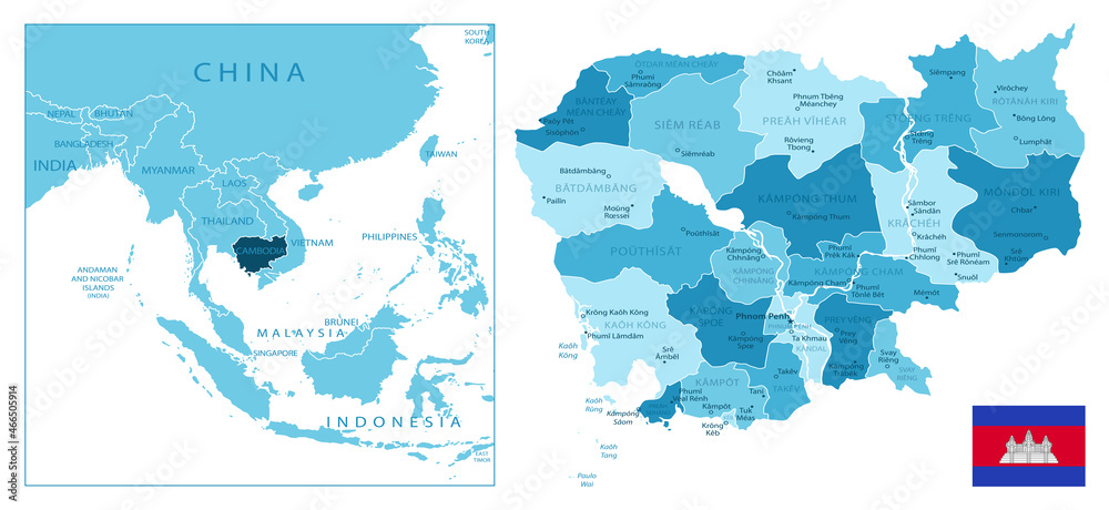 Fototapeta premium Cambodia - highly detailed blue map.