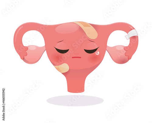 Cartoon with uterus health concept on green background, Sick uterus photo