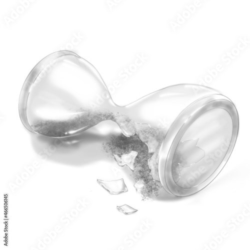 an illustration of a broken  hour glass, sand glass realistic black and white drawing