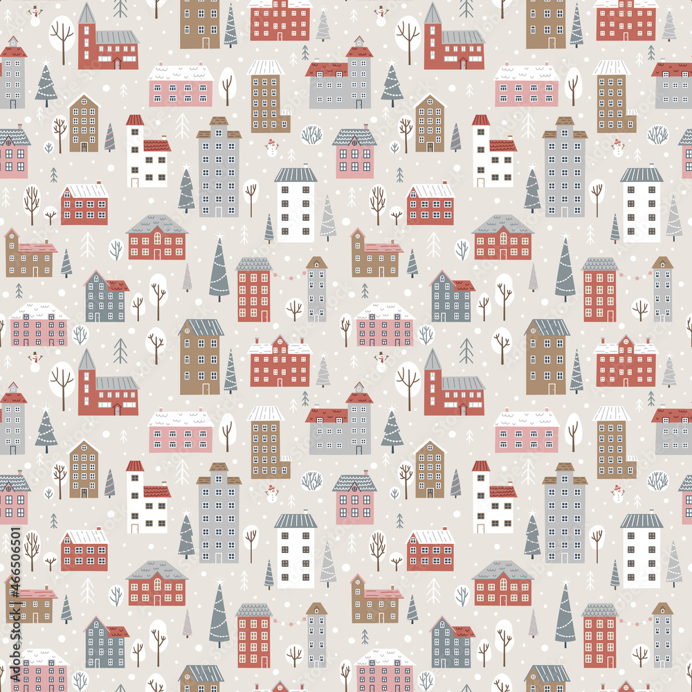 Winter seamless pattern with cute houses, fir trees and snowmen.