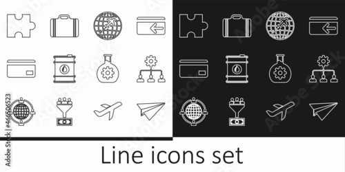 Set line Paper plane, Lead management, Globe with flying, Barrel oil, Credit card, Piece of puzzle, Bioengineering and Suitcase for travel icon. Vector