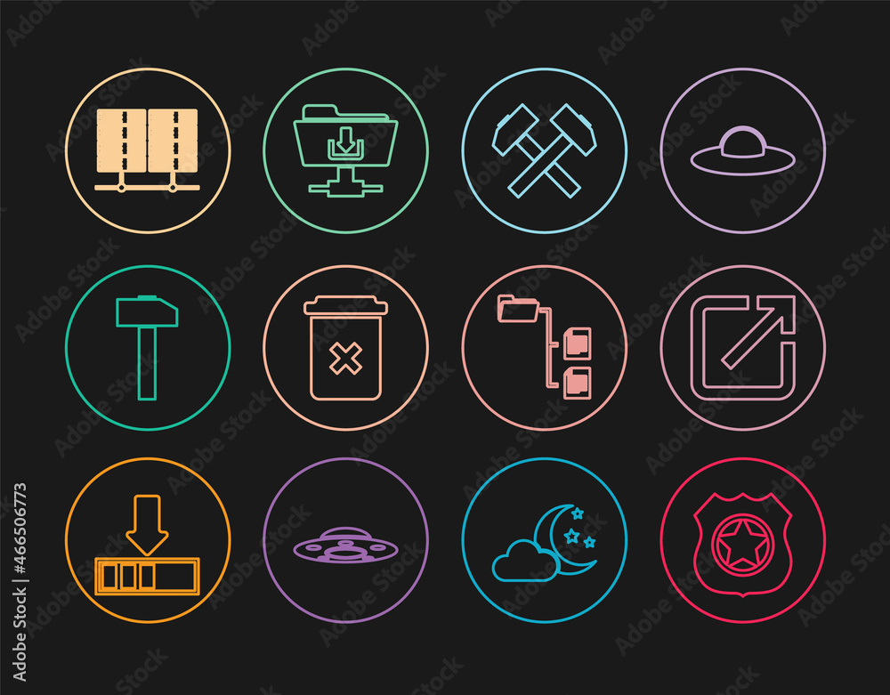Set line Police badge, Open in new window, Two crossed hammers, Trash can, Hammer, Server, Data, Web Hosting, Folder tree and FTP folder download icon. Vector Set line Police badge, Open in new window, Two crossed hammers, Trash can, Hammer, Server, Data, Web Hosting, Folder tree and FTP folder download icon. Vector