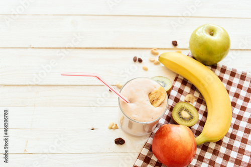 fresh fruit cocktail breakfast dessert organic wood background