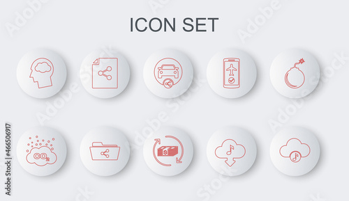 Set line Music streaming service, CO2 emissions cloud, Car sharing, Cloud download music, Head silhouette with, Share file, folder and Refund money icon. Vector